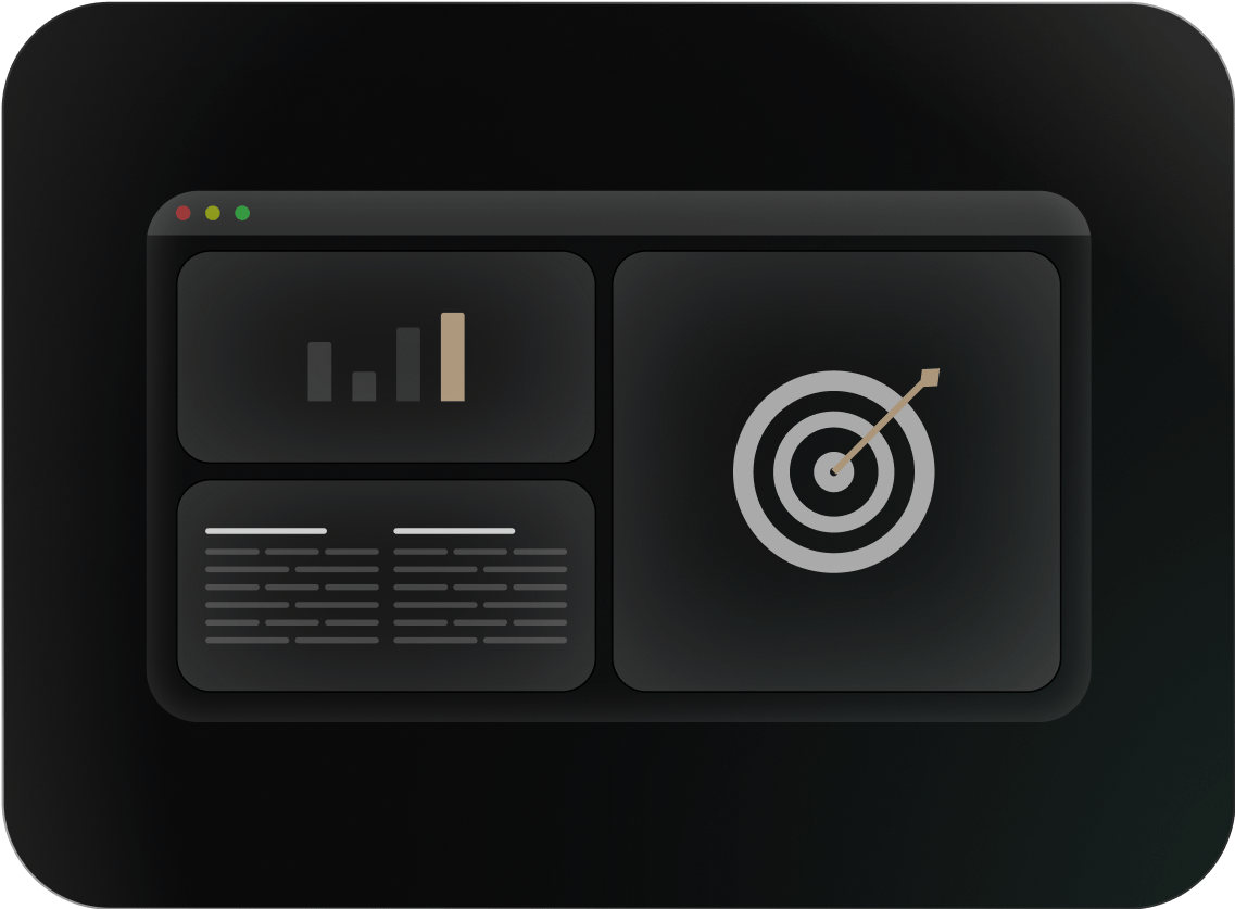 Browserfenster mit Diagrammen und Zielsymbol für Finanzanalysen