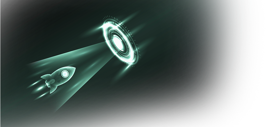 Rakete startet auf futuristisches KI-Ziel zur Darstellung von Innovation und Ambition